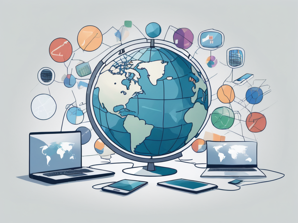 A globe with various digital devices like a laptop