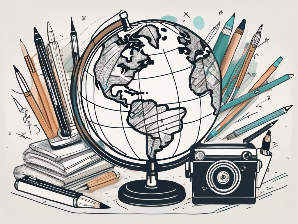 A globe with different types of writing tools such as pens