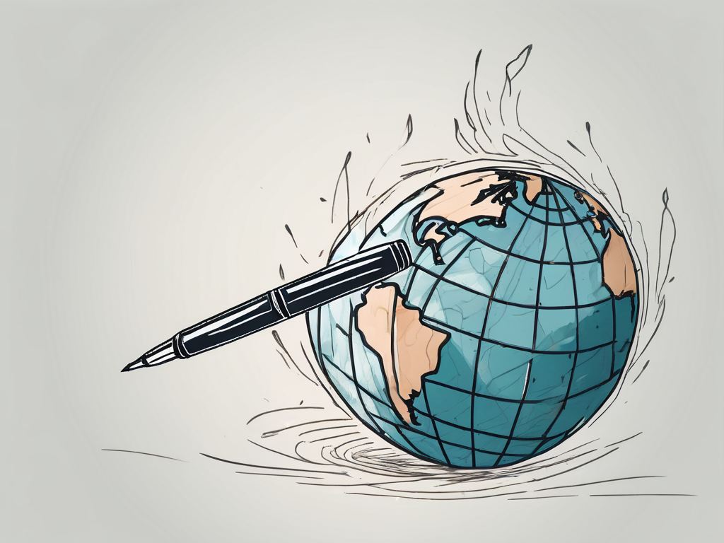 A powerful pen symbolically breaking through a globe