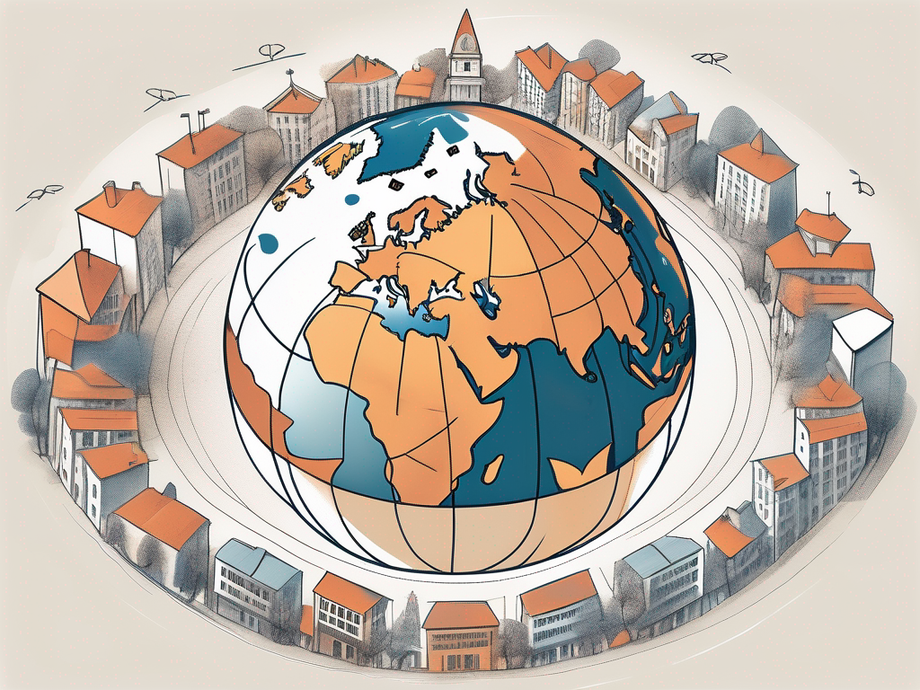 A globe with different international school buildings around it