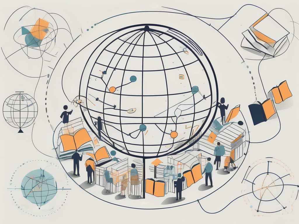 A globe with various school-related icons (like books