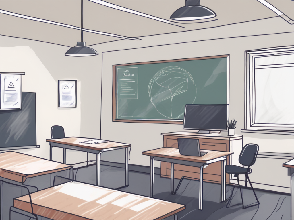 A classroom setting in the uk with a teacher's desk displaying a qts certificate and an ipgce certificate