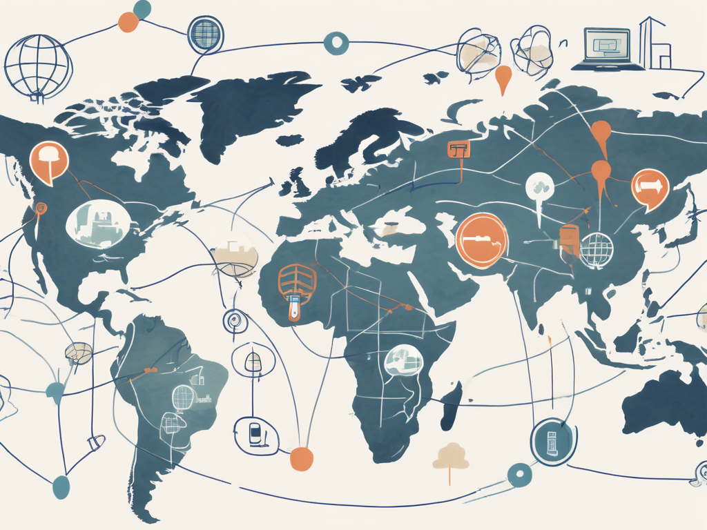 A global map with diverse international school buildings connected by various communication symbols like speech bubbles