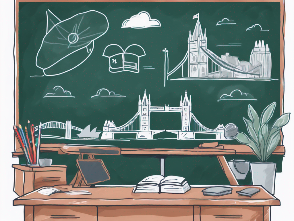 A classroom setting with iconic symbols of england and australia