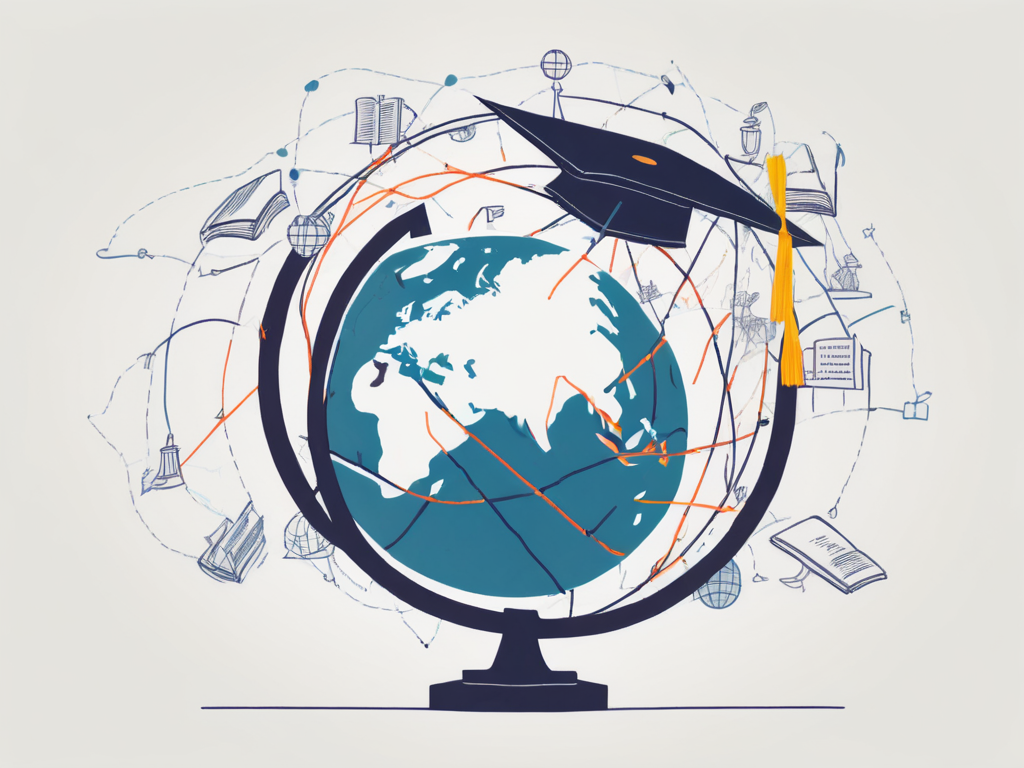 A globe with various school-related symbols (like books