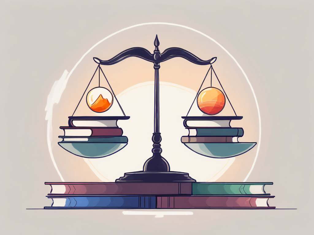 A balanced scale with books on one side representing teaching demands and various international landmarks on the other side representing international schools