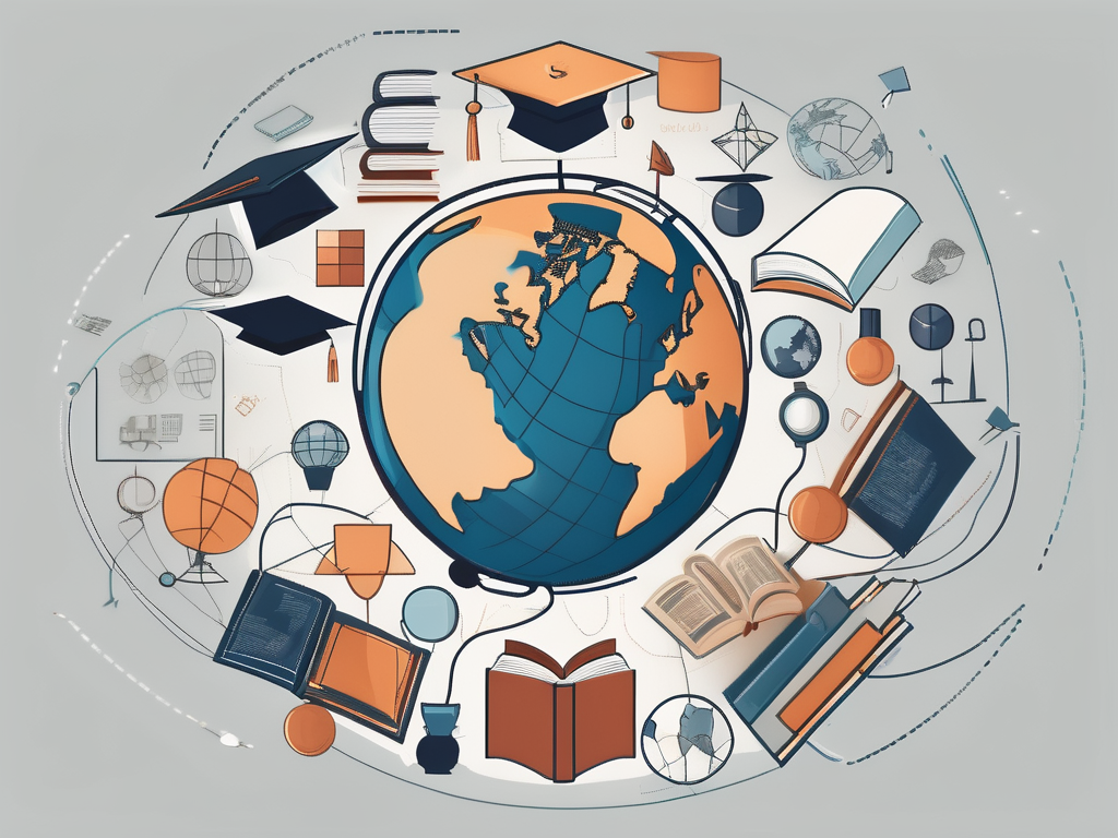 A globe surrounded by various educational icons such as books