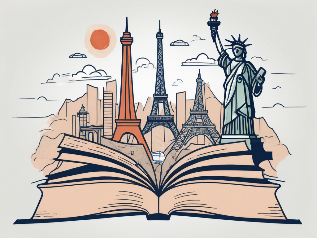 An open book with various iconic landmarks from around the world