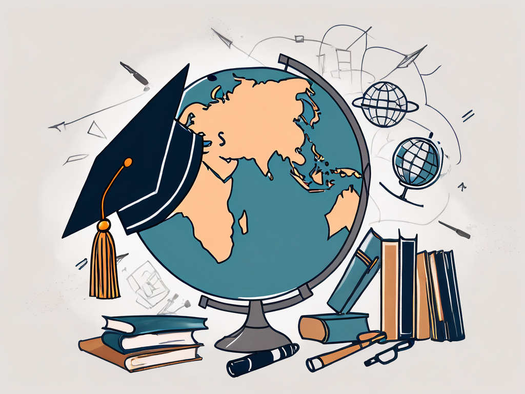 A globe with different educational tools such as books