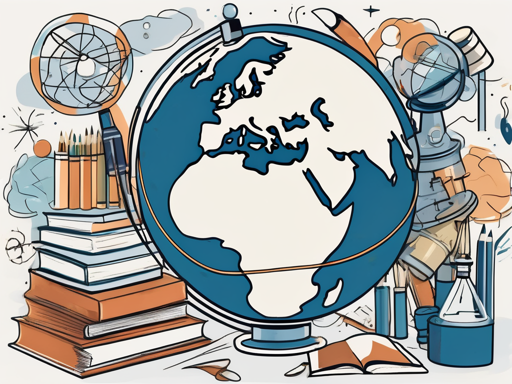 A globe surrounded by various school-related items like books