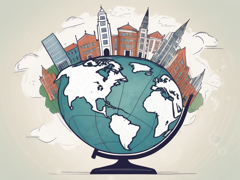 A globe with various iconic international school buildings