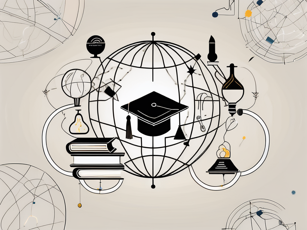 A globe with different educational symbols such as books