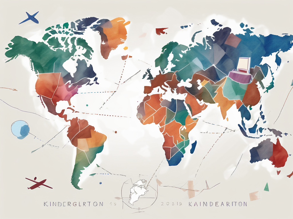 A global map dotted with kindergarten projects such as building blocks