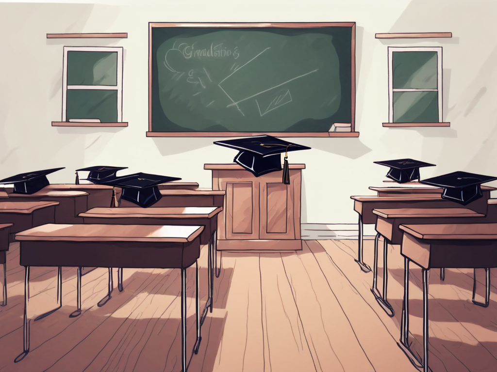 A classroom with an empty teacher's desk