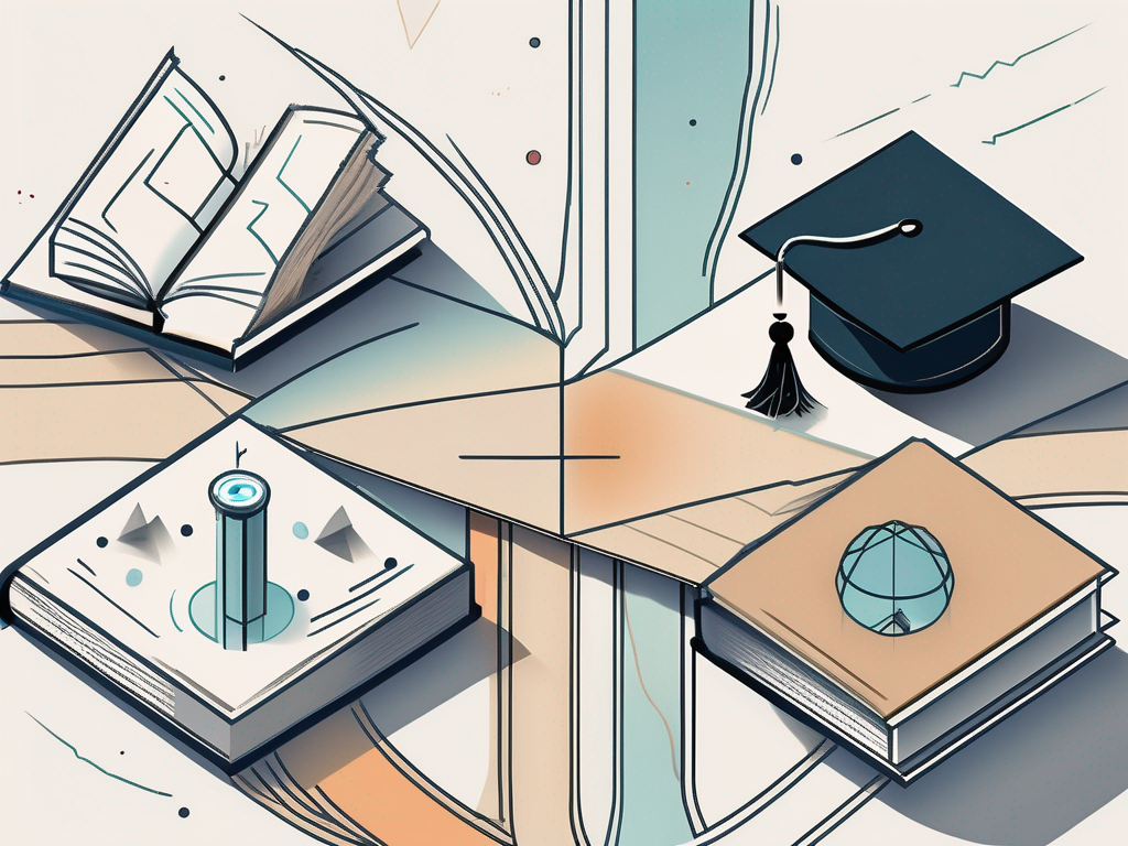 A crossroads with one path leading to a graduation cap symbolizing an ma and another path leading to a microscope symbolizing an ms