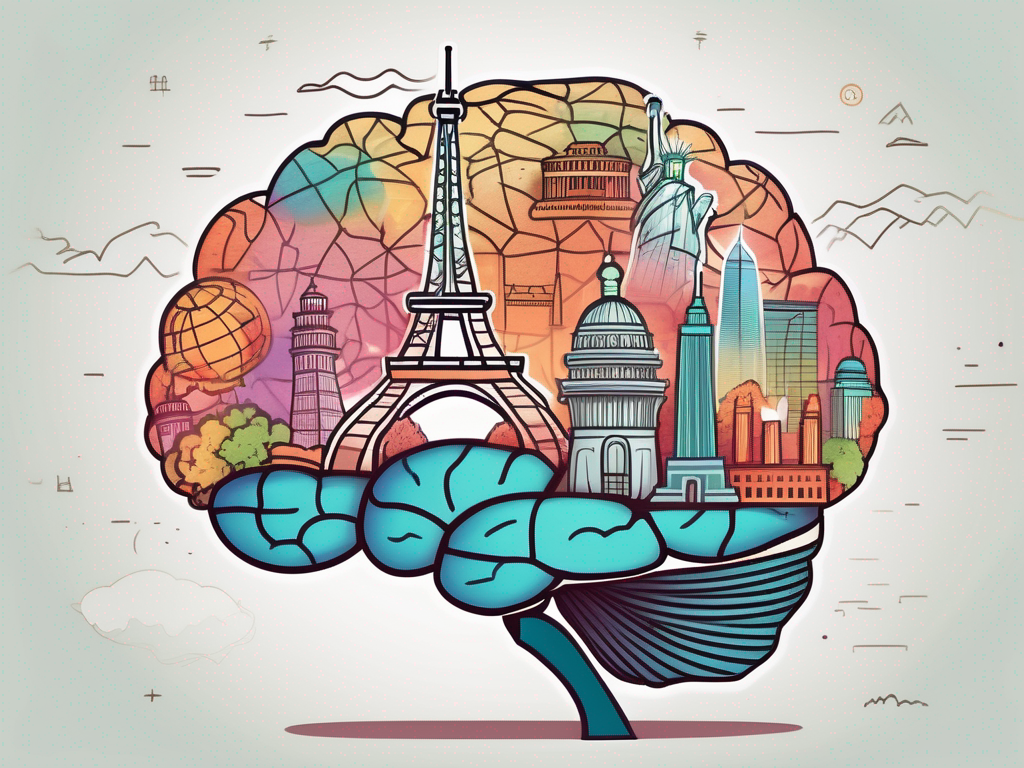 A colorful brain with various international landmarks like the eiffel tower