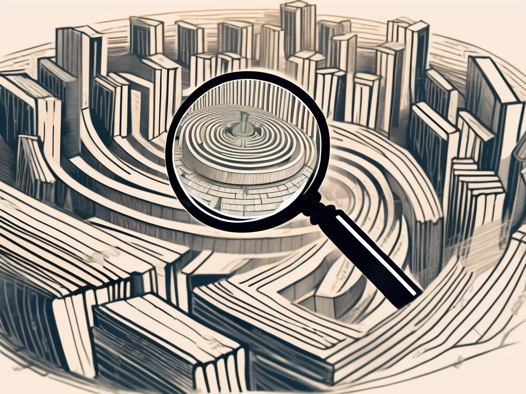 A magnifying glass hovering over a complex labyrinth made of books