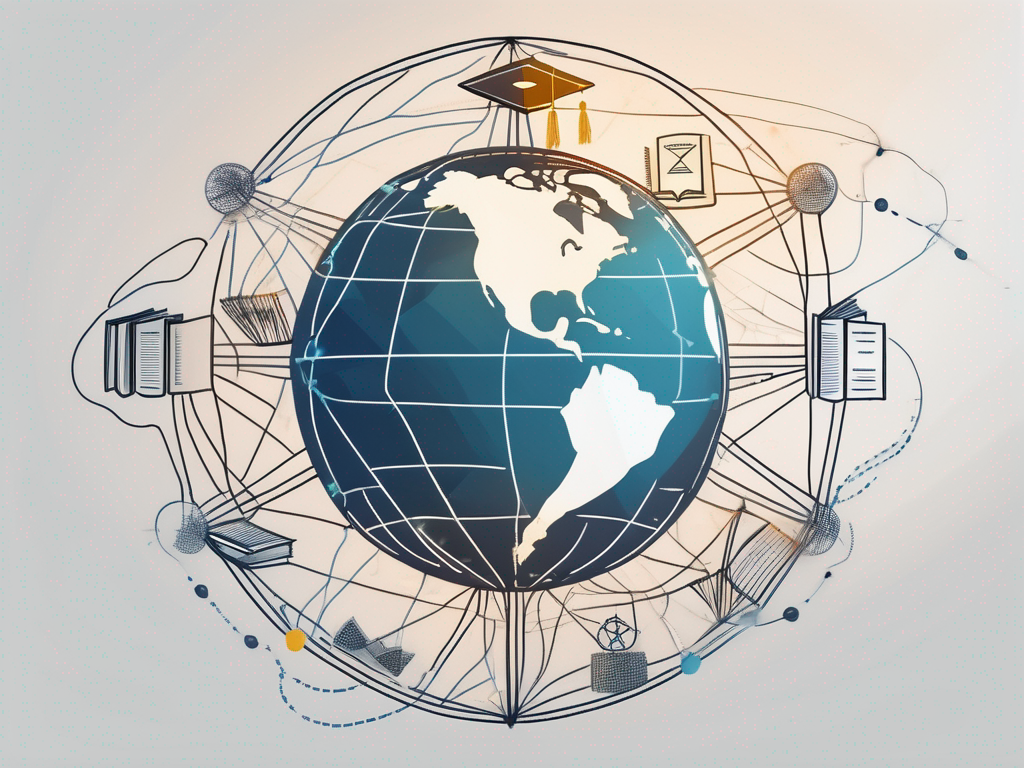 A globe with various school-related symbols (like books