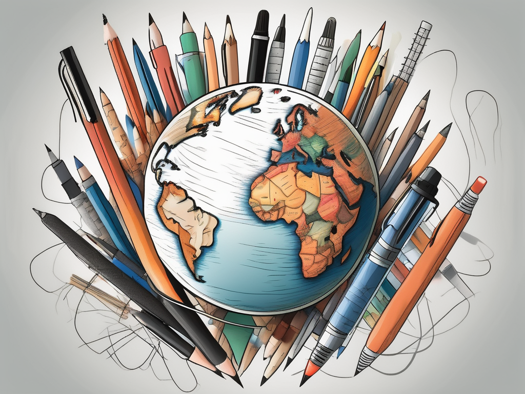 A globe with various types of pens and pencils orbiting around it