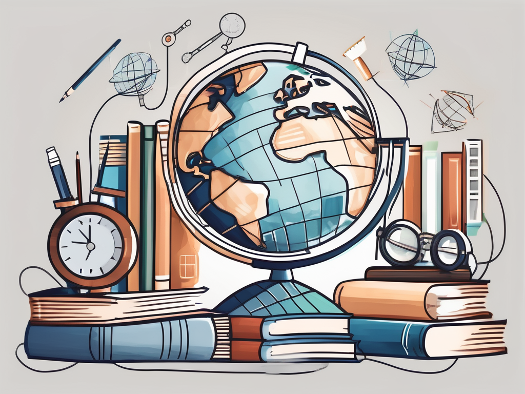A globe surrounded by various educational tools such as books