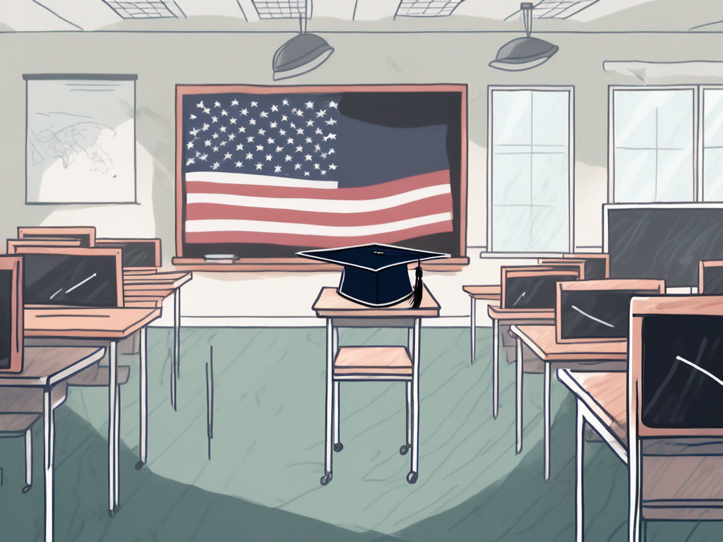 A classroom setting with an american flag and a british flag