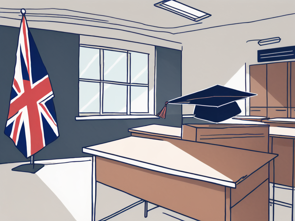 A classroom setting with an empty teacher's desk