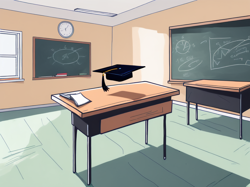 A classroom setting in the uk with an empty teacher's desk