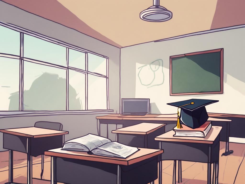 A classroom setting in the uk with an empty teacher's desk