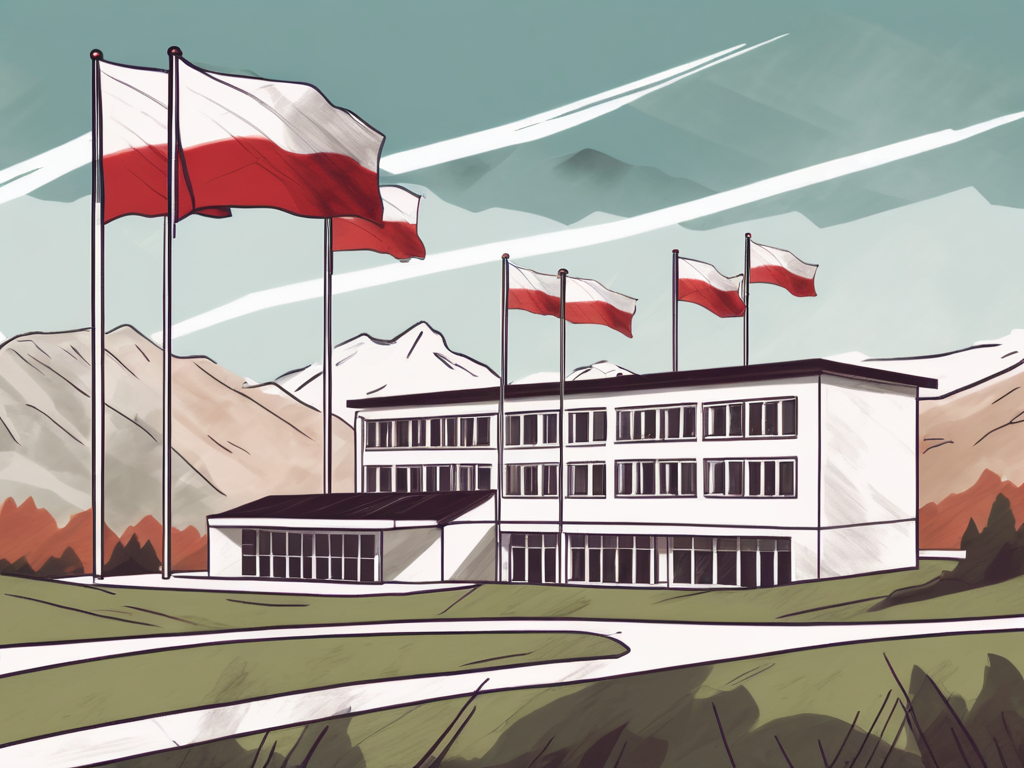 A typical austrian school building with various international flags fluttering in the wind