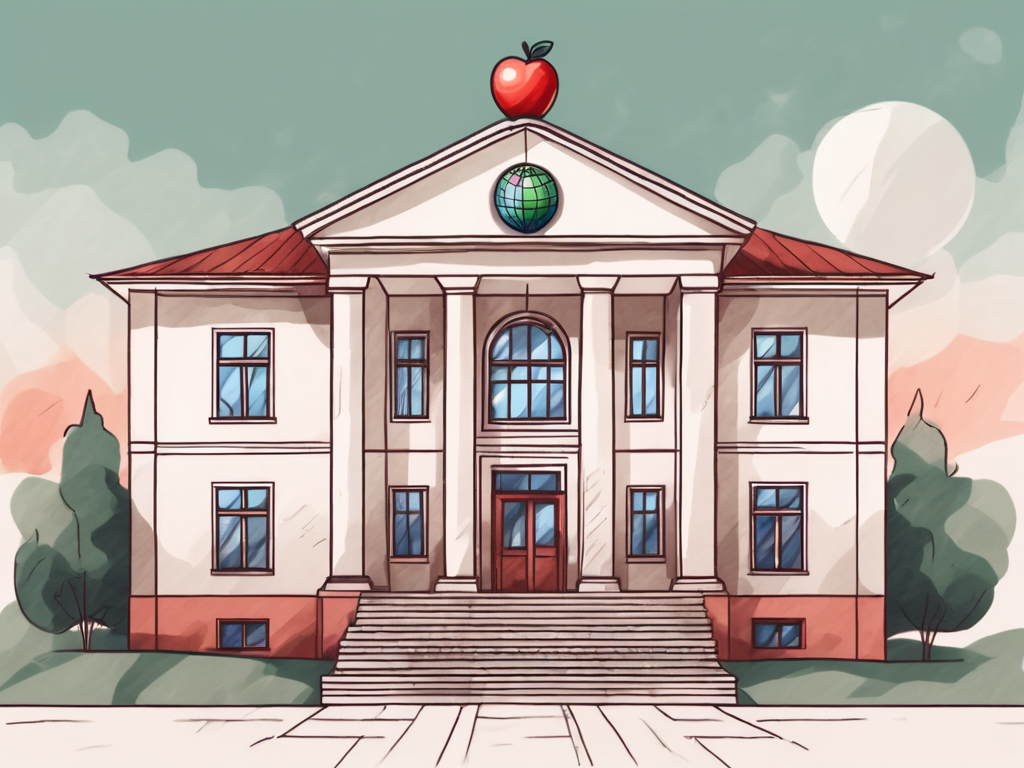 A traditional belarusian school building with a globe and a teacher's apple on the front steps
