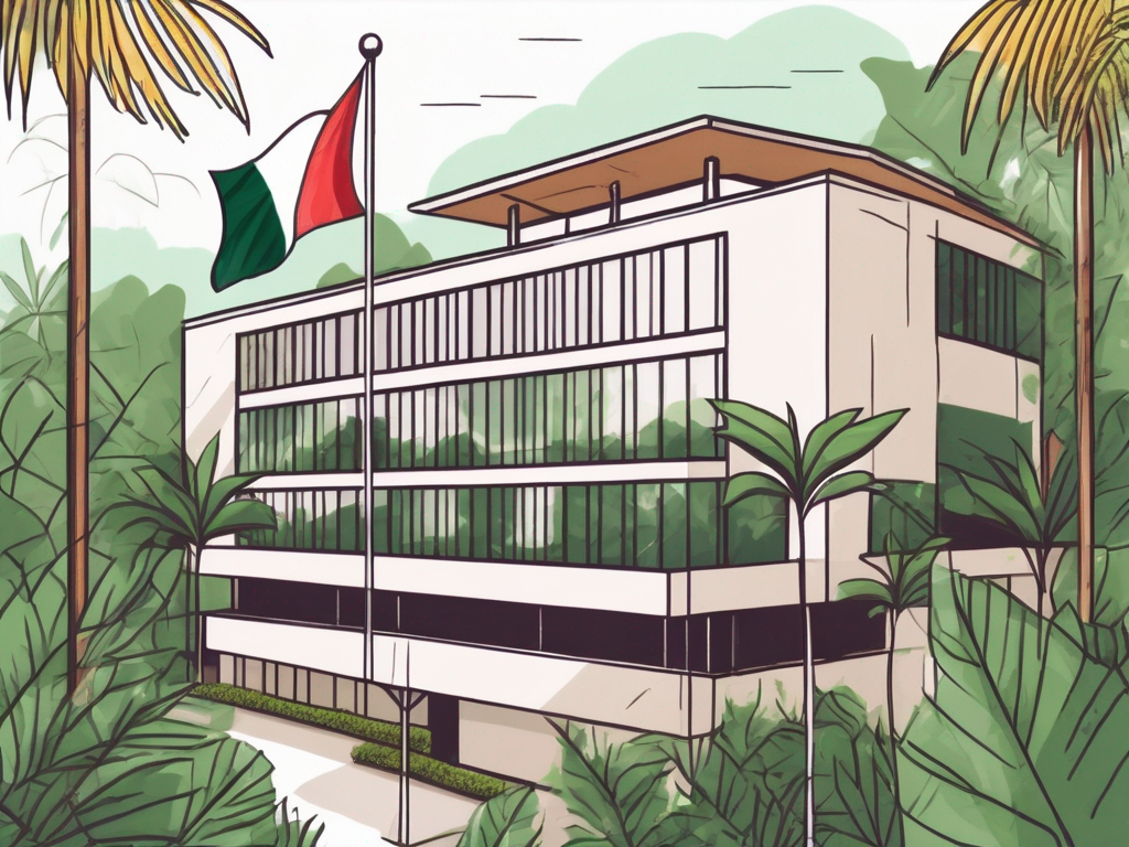 An international school building with the brunei flag flying above it