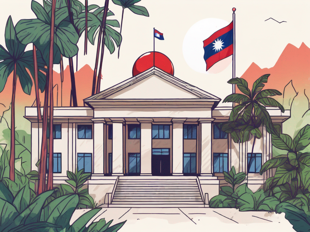 A school building with the cambodian flag flying on top