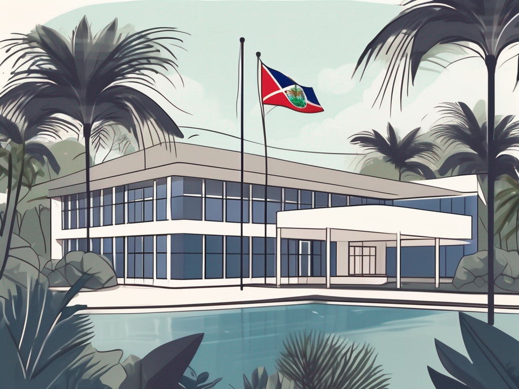 An international school building with a cayman islands flag flying nearby