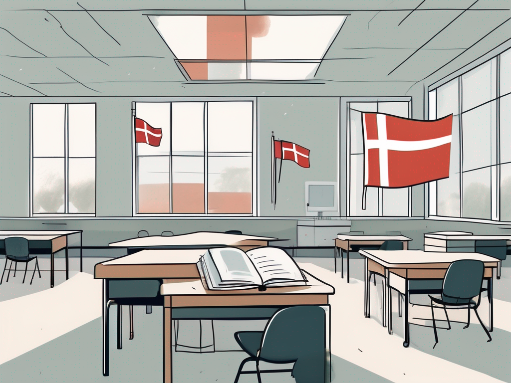 A danish school building with international flags fluttering around it