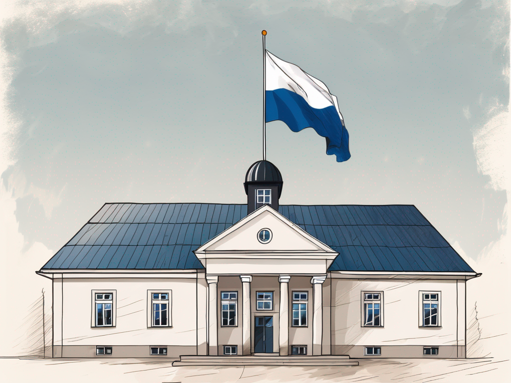 A traditional estonian school building with an international flag montage in the background