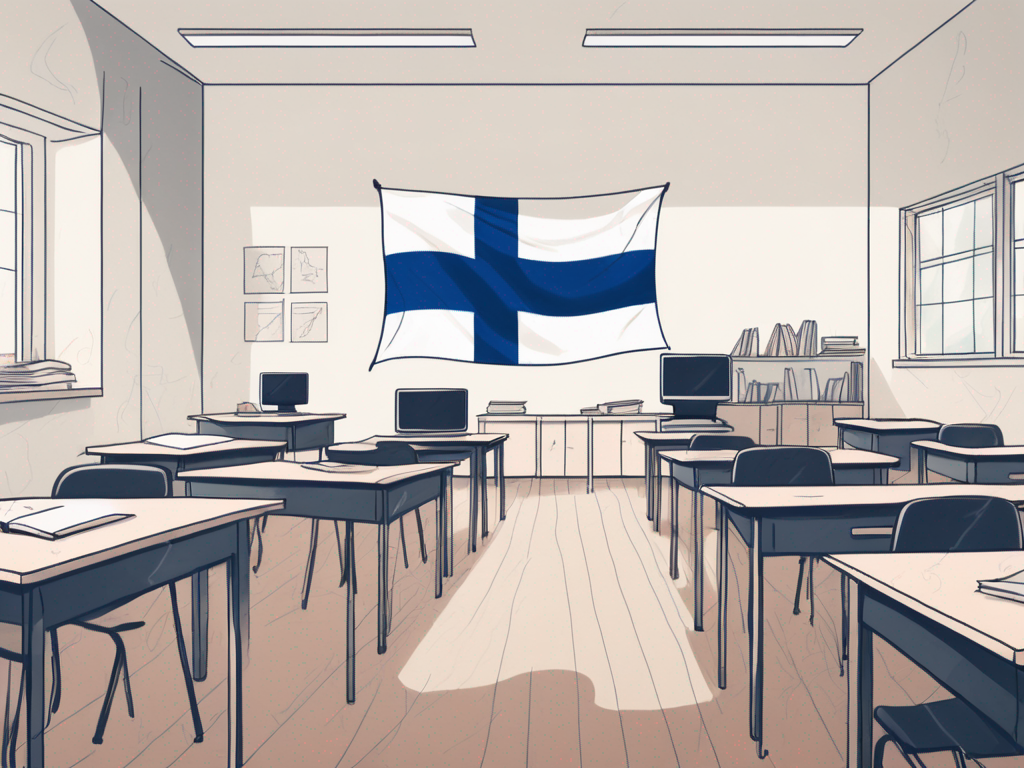 A finnish classroom with international flags hanging on the walls and a teacher's desk at the front with an apple and a pile of books on it