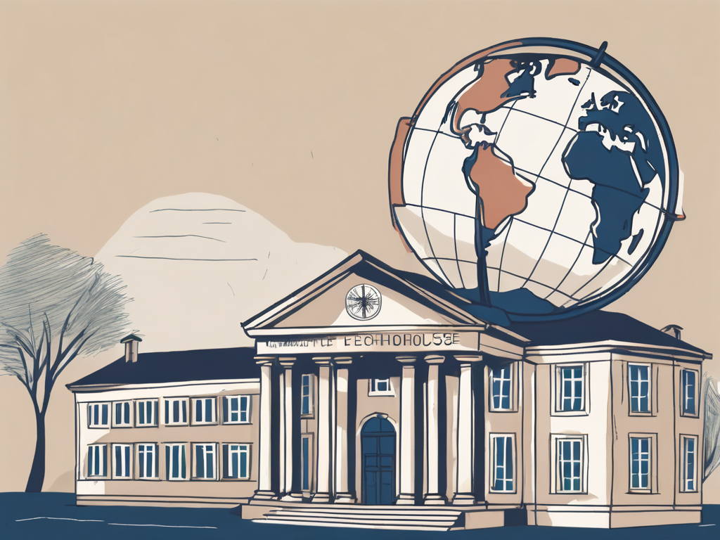 A classic french schoolhouse with a globe positioned prominently in the foreground