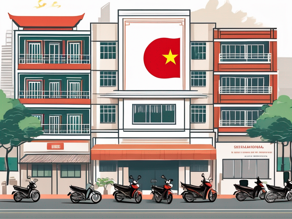 An international school building with a vietnamese flag flying on the top