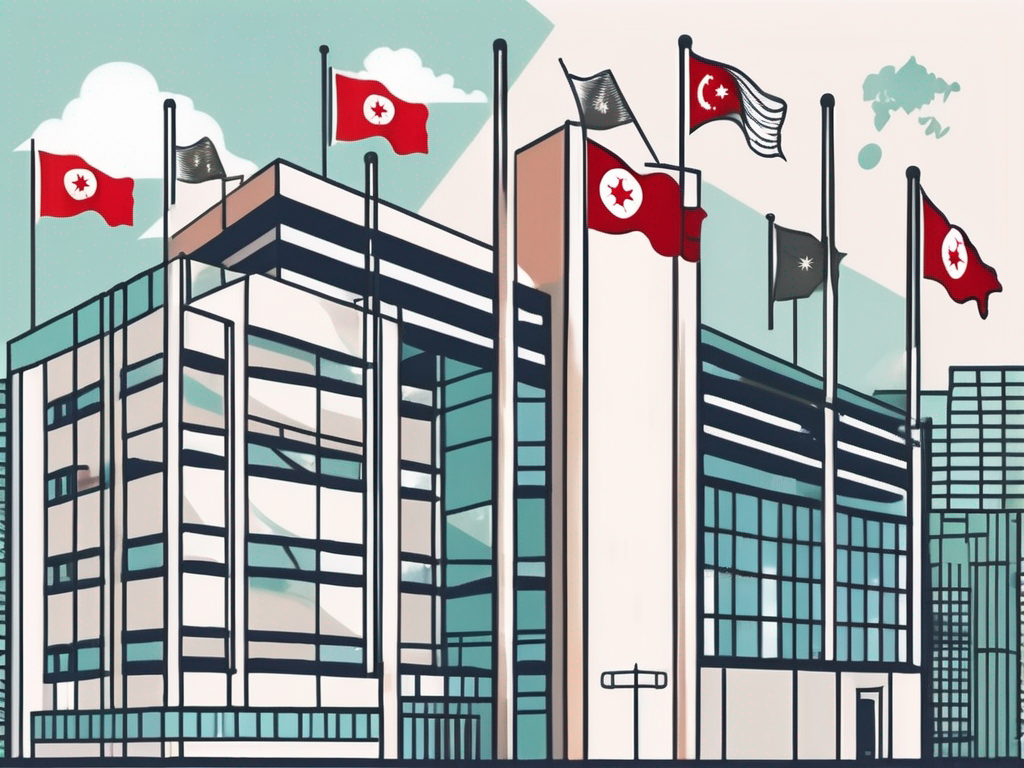 An international school building in hong kong with a flagpole flying multiple flags to represent different nationalities