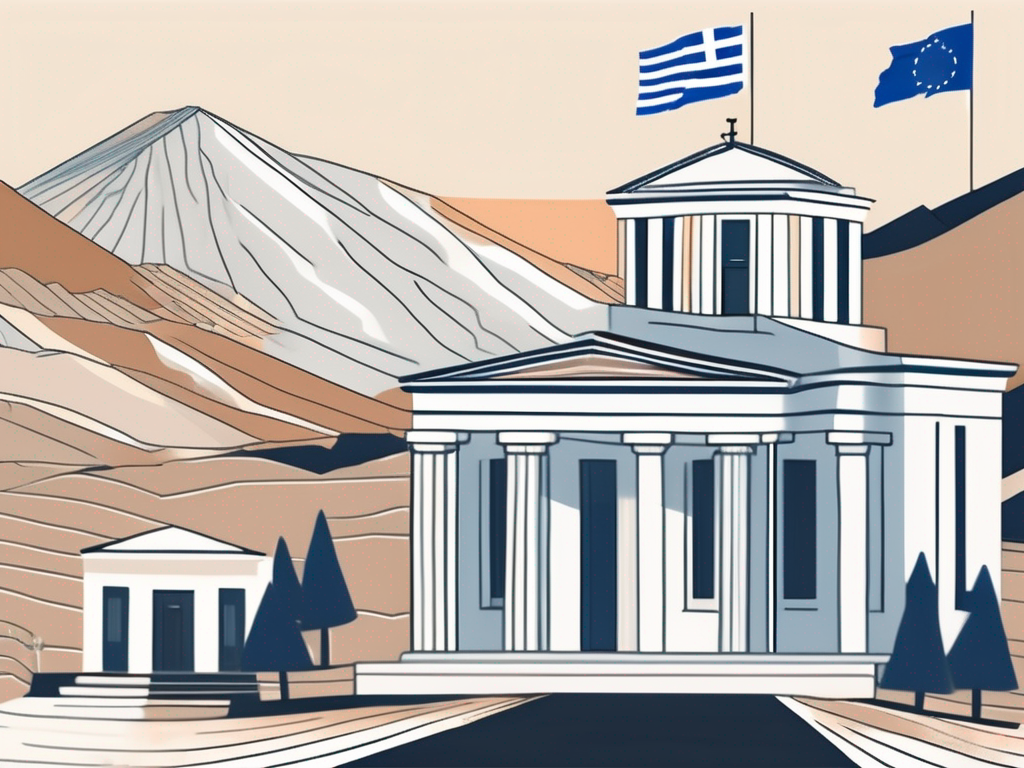 A traditional greek schoolhouse with international flags fluttering around it