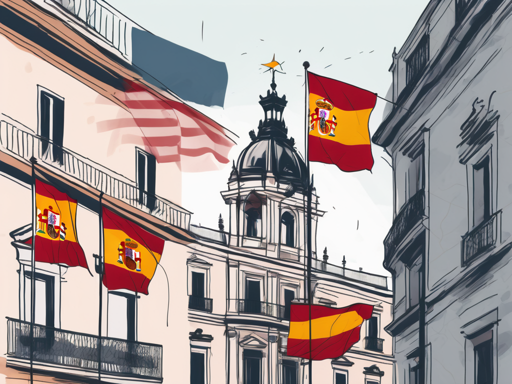 A traditional spanish school building with international flags fluttering around it