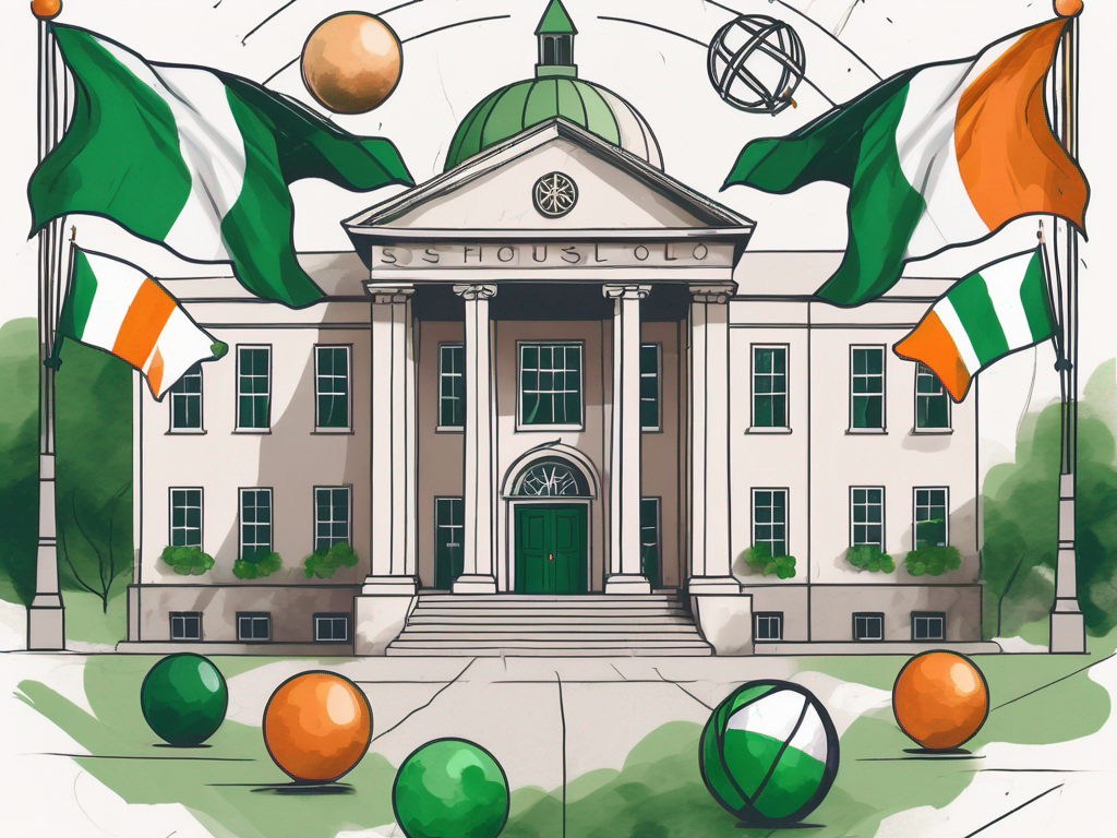 A traditional irish school building with international flags waving in the wind