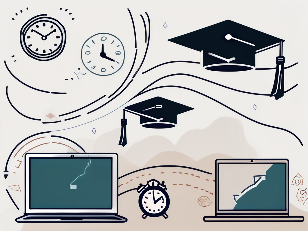 A laptop with educational icons floating out of the screen