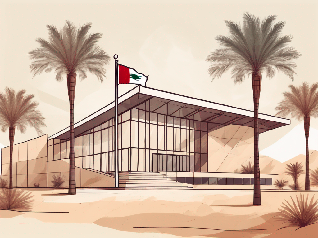 A modern international school building in kuwait with a flag