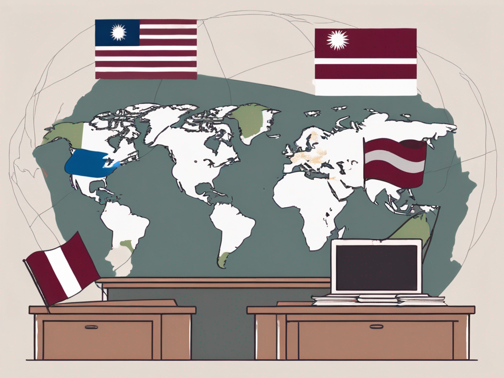 A classroom setting with international flags
