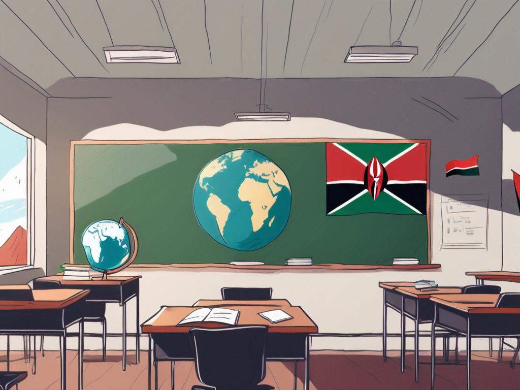 A classroom setting with international flags hanging on the walls