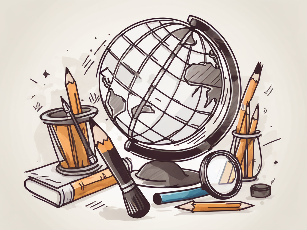 A globe surrounded by symbolic elements such as a pencil