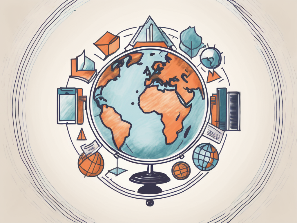 A globe surrounded by four symbolic icons representing education