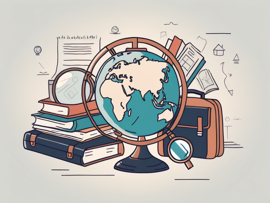 A globe surrounded by various educational symbols like books