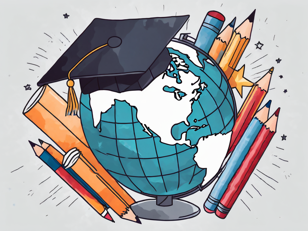 A globe with symbolic representations of different teaching tools such as books